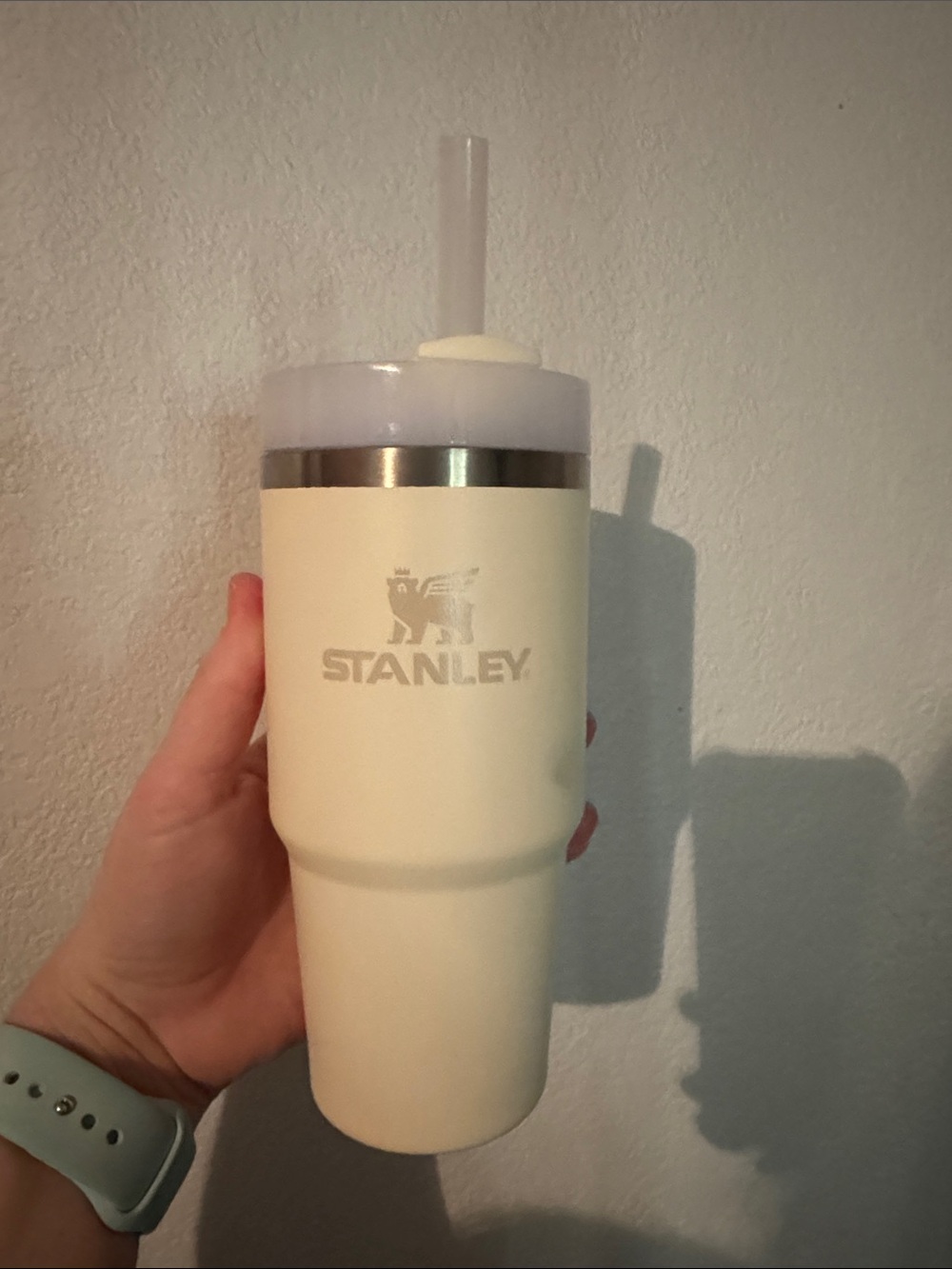 14 oz Stanley Cream-Colored Travel Tumbler with Straw